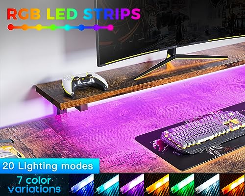 ODK U Shaped Desk with Power Outlets & LED Strip & Monitor Stand, 66" Reversible L Shaped Desk with Drawers and Storage Shelf, Home Office Gaming Desk, Vintage