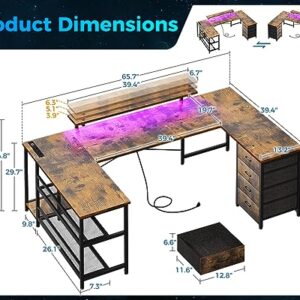 ODK U Shaped Desk with Power Outlets & LED Strip & Monitor Stand, 66" Reversible L Shaped Desk with Drawers and Storage Shelf, Home Office Gaming Desk, Vintage