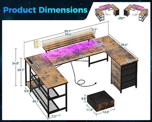 ODK U Shaped Desk with Power Outlets & LED Strip & Monitor Stand, 66" Reversible L Shaped Desk with Drawers and Storage Shelf, Home Office Gaming Desk, Vintage