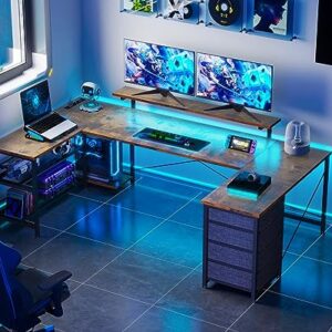 ODK U Shaped Desk with Power Outlets & LED Strip & Monitor Stand, 66" Reversible L Shaped Desk with Drawers and Storage Shelf, Home Office Gaming Desk, Vintage