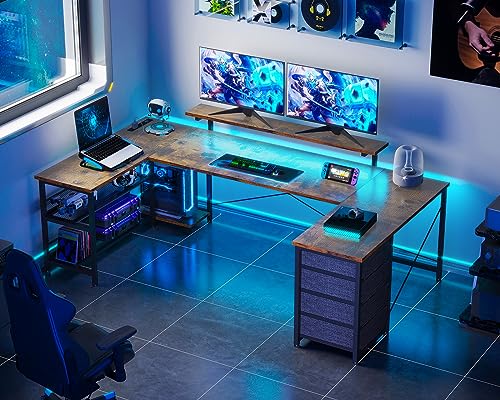 ODK U Shaped Desk with Power Outlets & LED Strip & Monitor Stand, 66" Reversible L Shaped Desk with Drawers and Storage Shelf, Home Office Gaming Desk, Vintage