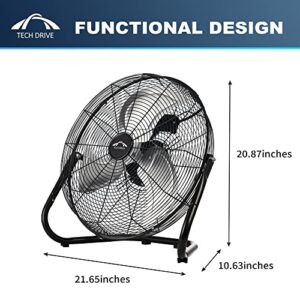 Tech Drive High Velocity Floor Fan,18 inch Heavy Duty Metal Industrial Fans,3 Powerful Speed,360° Adjustable Tilting and All Metal Construction, Black