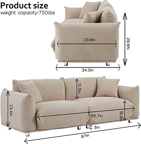 Hison Lambswool 3 Seat Cushion Couch 87'' Comfy Couch for Living Room deep seat Sofa with 2 Pillows (Camel)