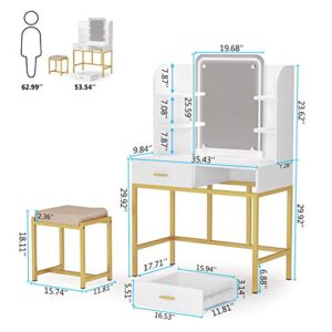 LITTLE TREE Vanity Set with LED Lighted Mirror and Cushioned Stool, Large Vanity Table Dressing Table Desk with Storage Shelves and 2 Drawers for Bedroom