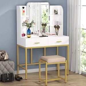 LITTLE TREE Vanity Set with LED Lighted Mirror and Cushioned Stool, Large Vanity Table Dressing Table Desk with Storage Shelves and 2 Drawers for Bedroom