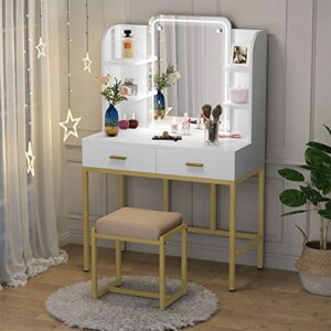 LITTLE TREE Vanity Set with LED Lighted Mirror and Cushioned Stool, Large Vanity Table Dressing Table Desk with Storage Shelves and 2 Drawers for Bedroom