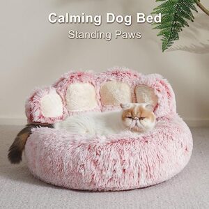 Jiupety Dog Bed with Standing Paws | Upgraded Soothing Paw Dog Bed | Cozy Comfy Dog Bed | Creative Dog Donut Bed with Bear Paws | Pink M Size 22”X22”X6”| Pet Paw Dog Bed for Dogs