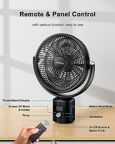 TriPole Oscillating Standing Fan 11” Outdoor Fan for Patios Quiet Pedestal Fan 12000mAh Rechargeable Battery Operated Floor Fan with Remote Control Portable Fan for Bedroom Patio Home Camping Travel