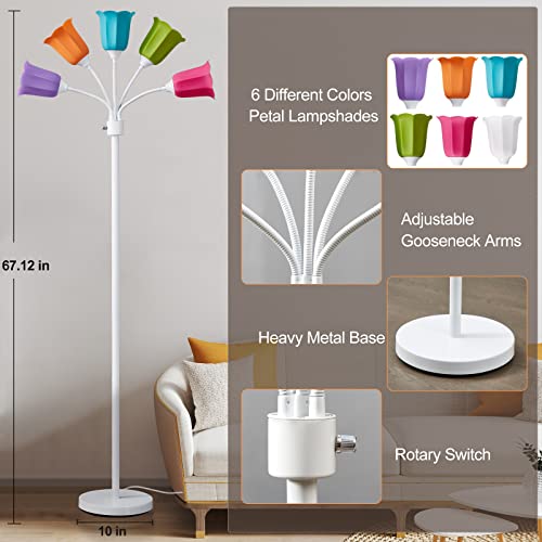 GyroVu Medusa LED Floor Lamp, Multi Head Modern Tall Lamp with Adjustable Gooseneck Standing Lamps for Living Room Bedroom Kids Room Office 6 Color Lampshades Bulb Not Included(White)