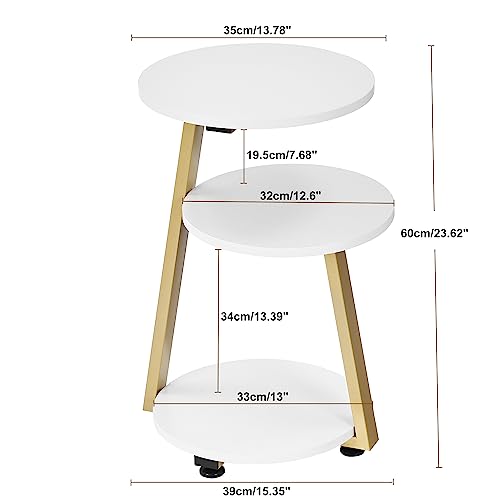 BEWISHOME Round End Table Side Table with Metal Frame, Accent Table Nightstand Bedside Table with 3-Tier Shelves, Small Table for Living Room Bedroom Couch Table Small Coffee Table White Gold KTZ41M