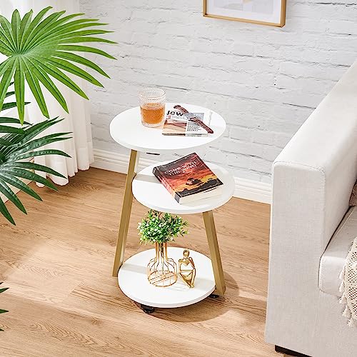 BEWISHOME Round End Table Side Table with Metal Frame, Accent Table Nightstand Bedside Table with 3-Tier Shelves, Small Table for Living Room Bedroom Couch Table Small Coffee Table White Gold KTZ41M