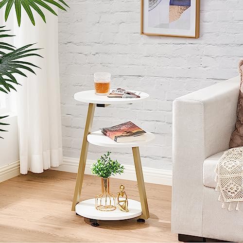 BEWISHOME Round End Table Side Table with Metal Frame, Accent Table Nightstand Bedside Table with 3-Tier Shelves, Small Table for Living Room Bedroom Couch Table Small Coffee Table White Gold KTZ41M