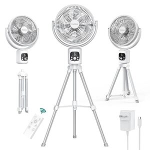 coohea oscillating fan 11" standing fan with detachable tripod 12000mah rechargeable battery floor fan quiet white pedestal fan with remote for indoor outdoor home bedroom, adjustable height & 6-speed