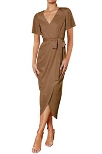 prettygarden women's summer formal midi satin dress short sleeve v neck belted cocktail party ruched dresses (brown,x-large)