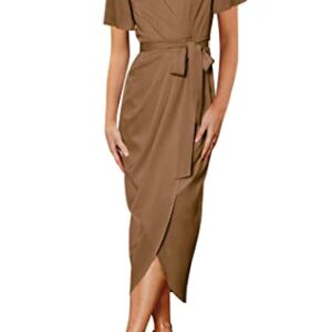 PRETTYGARDEN Women's Summer Formal Midi Satin Dress Short Sleeve V Neck Belted Cocktail Party Ruched Dresses (Brown,X-Large)