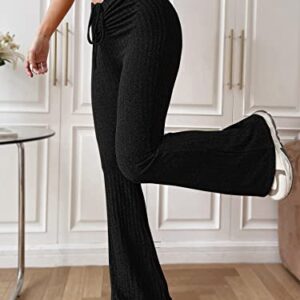 MakeMeChic Women's Drawstring High Waist Ribbed Knit Flare Pants Bootcut Yoga Pants Black S