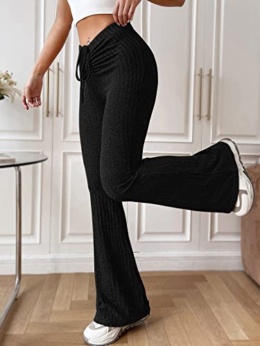 MakeMeChic Women's Drawstring High Waist Ribbed Knit Flare Pants Bootcut Yoga Pants Black S