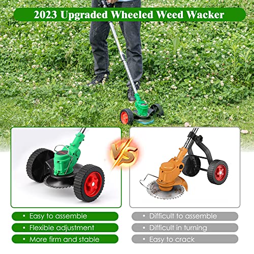 HUDAEN Cordless Grass Trimmer Weed Wacker, 3-in-1 String Trimmer Lawn Edger with 21V 2Ah Li-ion Battery for Garden and Yard with Wheel, Lightweight Adjustable Height Weed Eater Tool (Green)