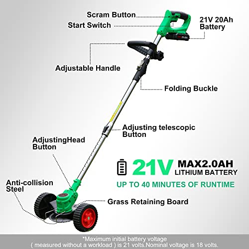 HUDAEN Cordless Grass Trimmer Weed Wacker, 3-in-1 String Trimmer Lawn Edger with 21V 2Ah Li-ion Battery for Garden and Yard with Wheel, Lightweight Adjustable Height Weed Eater Tool (Green)