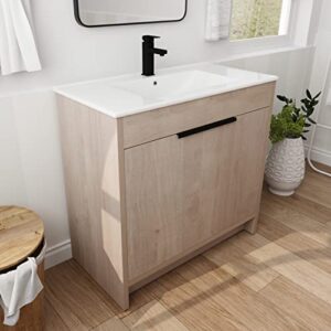 sybrioka freestanding bathroom vanity with sink set, 36" modern bathroom storage cabinet vanity with white ceramic sink, large bath cabinet with wood door and inset basin (oak, 36inch)