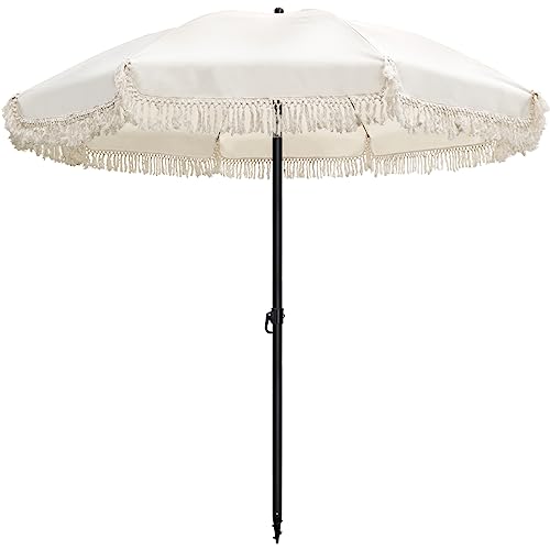 FULLSUN PARASOL Patio Umbrellas with Fringe, 6.5ft Beach Umbrella Outdoor Heavy Duty Wind Portable, UV 50+ Boho Parasol with Sand Anchor & Carry Bag for Garden Pool Backyard