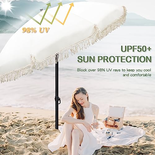 FULLSUN PARASOL Patio Umbrellas with Fringe, 6.5ft Beach Umbrella Outdoor Heavy Duty Wind Portable, UV 50+ Boho Parasol with Sand Anchor & Carry Bag for Garden Pool Backyard