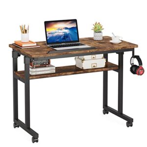 LITTLE TREE Small Portable Rolling Computer Desk Height Adjustable Standing Table, Brown