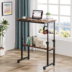 LITTLE TREE Small Portable Rolling Computer Desk Height Adjustable Standing Table, Brown