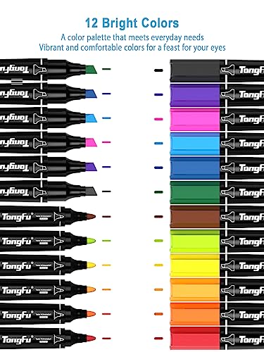 TongFu 12 Colors Alcohol Markers, Dual Tip Permanent Markers Smooth Inking, 2s Quick Dry, Safe and Durable, Colorful, Suitable for Kids, Adults, Artists Coloring, Drawing, Designing Art Markers Set