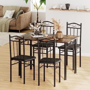 Aobafuir Kitchen Dining Room Table Sets for 4, 5 Piece Metal and Wood Rectangular Breakfast Nook, Dinette with Chairs, Industrial Retro Brown