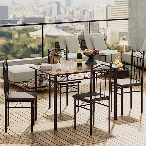 Aobafuir Kitchen Dining Room Table Sets for 4, 5 Piece Metal and Wood Rectangular Breakfast Nook, Dinette with Chairs, Industrial Retro Brown