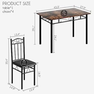 Aobafuir Kitchen Dining Room Table Sets for 4, 5 Piece Metal and Wood Rectangular Breakfast Nook, Dinette with Chairs, Industrial Retro Brown