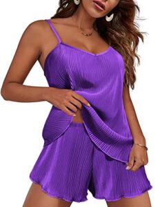 ekouaer womens nightwear pajamas woman y2k sleepwear adjustable spaghetti straps pleated camisole and shorts pj set dark purple