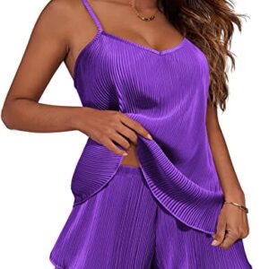 Ekouaer Womens Nightwear Pajamas Woman Y2K Sleepwear Adjustable Spaghetti Straps Pleated Camisole and Shorts PJ Set Dark Purple