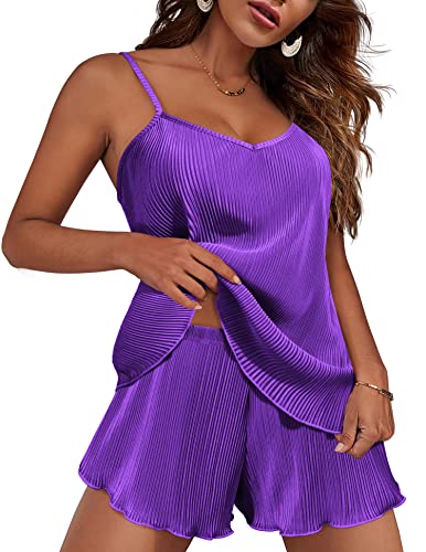 Ekouaer Womens Nightwear Pajamas Woman Y2K Sleepwear Adjustable Spaghetti Straps Pleated Camisole and Shorts PJ Set Dark Purple