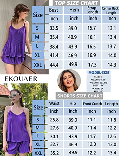 Ekouaer Womens Nightwear Pajamas Woman Y2K Sleepwear Adjustable Spaghetti Straps Pleated Camisole and Shorts PJ Set Dark Purple