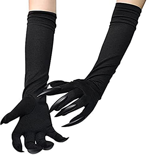 BinaryABC Halloween Costume Paw Gloves,Gloves with Nails Fingernails,Halloween Prop Witch Hand Gloves(Black)