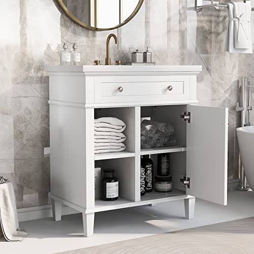 Goujxcy 30-inch Freestanding Bathroom Vanity Combo with White Ceramic Sink and Storage Cabinet Wooden Bath Cabinet Integrated Single Sink for Bathroom, Full Assembly Required (White-30'')