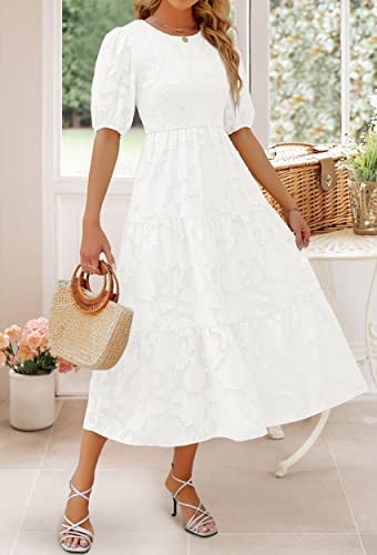 ZESICA Women's 2023 Summer Short Puff Sleeve Crewneck Smocked Floral Lace Flowy A Line Tiered Midi Dresses,White,Medium