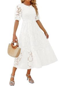 zesica women's 2023 summer short puff sleeve crewneck smocked floral lace flowy a line tiered midi dresses,white,medium