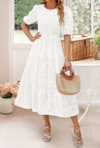 ZESICA Women's 2023 Summer Short Puff Sleeve Crewneck Smocked Floral Lace Flowy A Line Tiered Midi Dresses,White,Medium