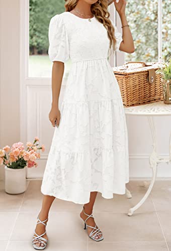 ZESICA Women's 2023 Summer Short Puff Sleeve Crewneck Smocked Floral Lace Flowy A Line Tiered Midi Dresses,White,Medium