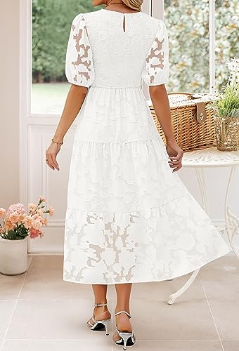 ZESICA Women's 2023 Summer Short Puff Sleeve Crewneck Smocked Floral Lace Flowy A Line Tiered Midi Dresses,White,Medium