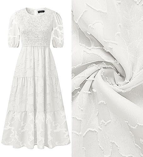 ZESICA Women's 2023 Summer Short Puff Sleeve Crewneck Smocked Floral Lace Flowy A Line Tiered Midi Dresses,White,Medium