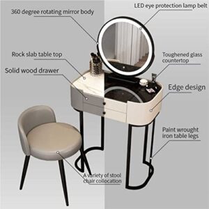 OM-PDD Makeup Desk with Drawers and Mirror Light, Chair, 360° Rotating Led Smart Mirror, Silent Slide Rail, Painted Iron Table Legs, Tempered Glass Top/Slate Top