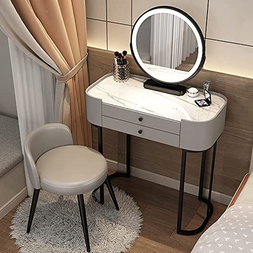 OM-PDD Makeup Desk with Drawers and Mirror Light, Chair, 360° Rotating Led Smart Mirror, Silent Slide Rail, Painted Iron Table Legs, Tempered Glass Top/Slate Top