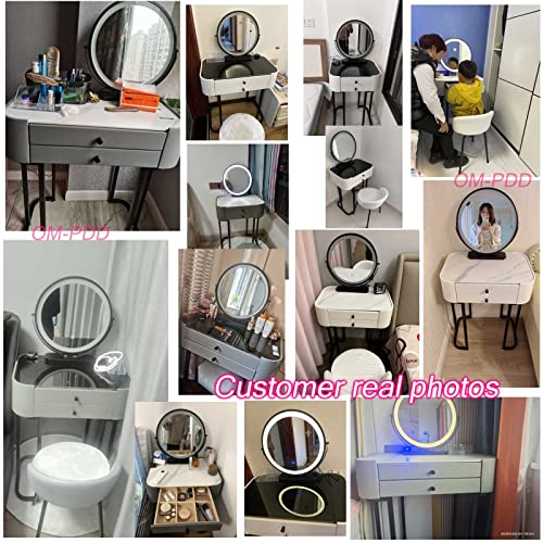 OM-PDD Makeup Desk with Drawers and Mirror Light, Chair, 360° Rotating Led Smart Mirror, Silent Slide Rail, Painted Iron Table Legs, Tempered Glass Top/Slate Top