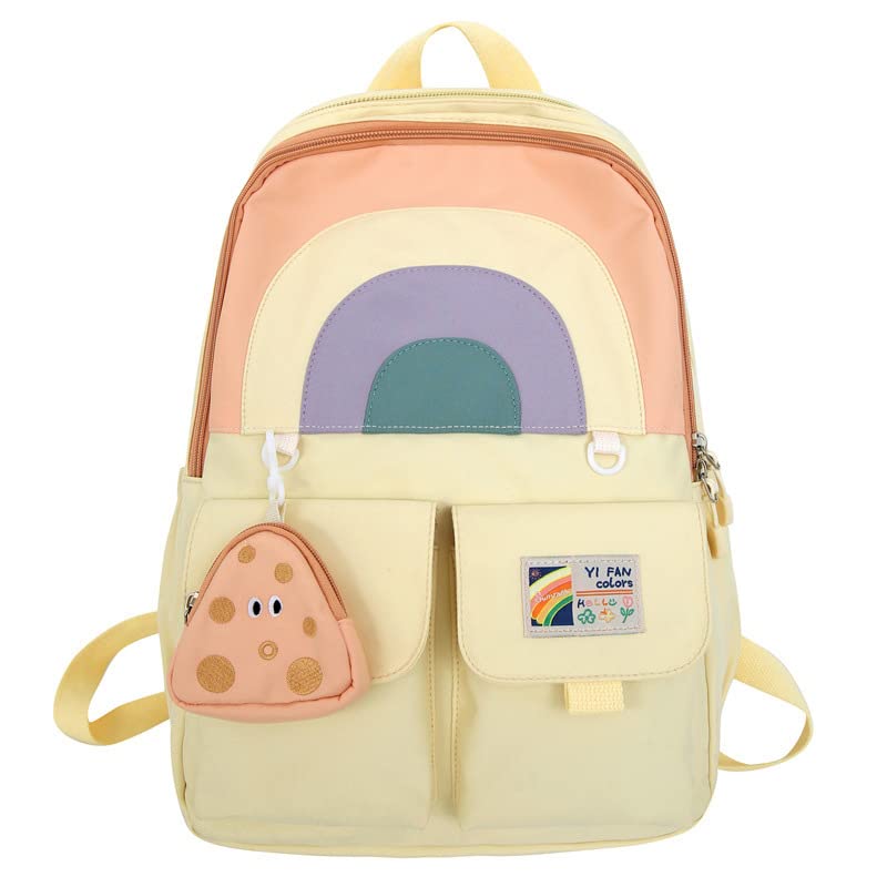 BOUTIKOME Kawaii Backpack with Cute Pendant Japanese Aesthetic Large Capacity Waterproof Backpack Casual Daypack（Yellow,One Size）