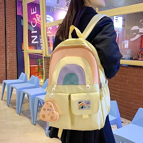 BOUTIKOME Kawaii Backpack with Cute Pendant Japanese Aesthetic Large Capacity Waterproof Backpack Casual Daypack（Yellow,One Size）