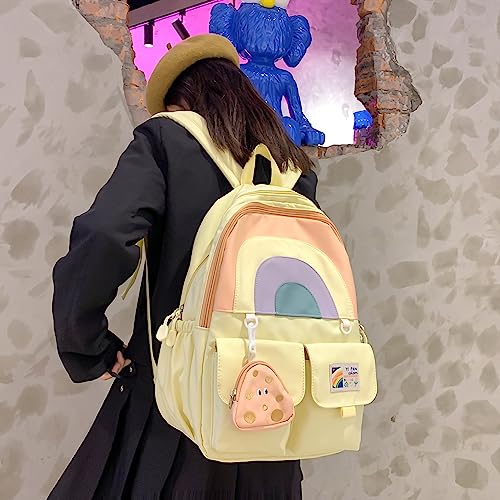 BOUTIKOME Kawaii Backpack with Cute Pendant Japanese Aesthetic Large Capacity Waterproof Backpack Casual Daypack（Yellow,One Size）